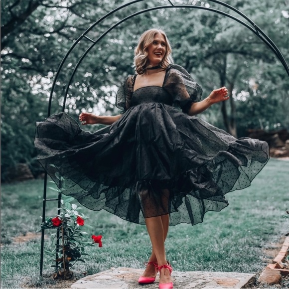 Selkie Caviar French Puff Dress Midi Black Polka Dot Organza XL NWT - Picture 11 of 14